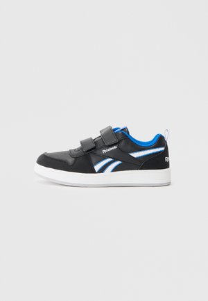 Black sports shoe featuring blue accents and white details, with a smooth leather-like texture and two adjustable Velcro straps.