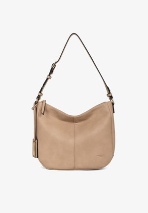 Beige leather shoulder bag with a curved top, smooth texture, adjustable strap, and subtle branding. Features gold-tone hardware accents.