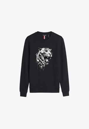 Sudadera negra de manga larga con un gráfico en el frente que muestra la cabeza de un tigre rugiente que parece estar derritiéndose o goteando.