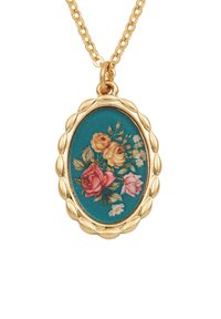 Guldtonet vedhæng halskæde med et ovalt blomstermotiv med en turkis baggrund og rosemotiver. Kæden har runde led.