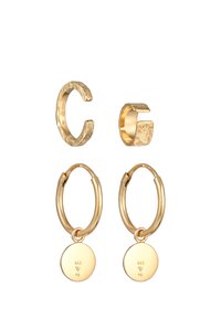Set di gioielli in tono dorato composto da due anelli aperti testurizzati e due orecchini a cerchio con charm circolari pendenti, tutti realizzati in argento 925.