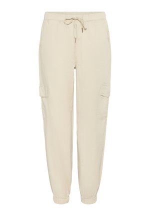 Beige cargo pants with a drawstring waist, elastic cuffs, and side pockets. Made of lightweight fabric with a smooth texture.
