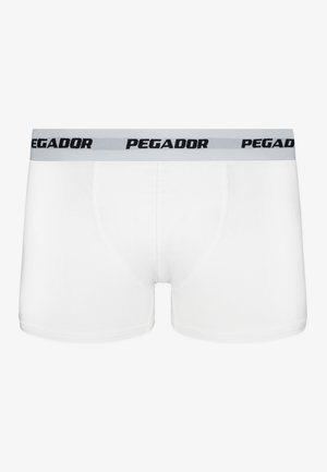 Boxeri albi din bumbac, cu o potrivire strânsă. Prezintă un brâu elastic gri cu "PEGADOR" imprimat în negru.