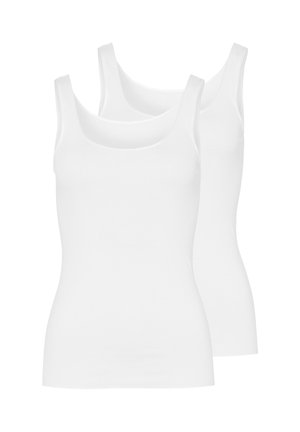 To ensfarvede hvide ærmeløse tanktoppe stablet, for- og bagudsigt synlige, med brede skulderstropper.