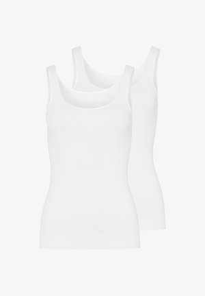 Deux débardeurs blancs unis sans manches empilés, vues avant et arrière visibles, avec des bretelles larges.