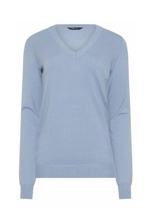 Lichtblauwe V-hals trui met lange mouwen, geribbelde manchetten en zoom, getoond op een effen witte achtergrond.
