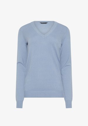 Lichtblauwe V-hals trui met lange mouwen, geribbelde manchetten en zoom, getoond op een effen witte achtergrond.