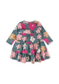 Langärmliges Kleid mit einem geschichteten Design in Teal, verziert mit bunten Floralmustern in Pink, Creme und Pfirsich. Aus weichem Baumwollmaterial.