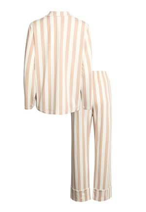 Striped loungewear set in soft beige and white. Features a long-sleeve button-up top with a collar and matching elastic-waist pants.