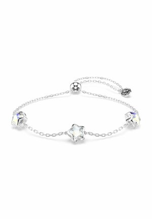 Zartes silbernes Kettenarmband mit drei sternförmigen irisierenden Anhängern und einem verstellbaren Schiebeperlenverschluss.