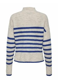 Gestreepte trui in cream en blauw, met een hoge hals, lange mouwen en een relaxte pasvorm. Gebreide textuur met horizontale strepen.