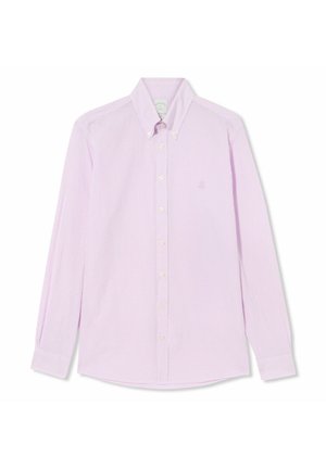 Jasnofioletowa koszula z białymi paskami, zapinana na guziki, z długimi rękawami i haftowanym logo na piersi. Gładki bawełniany materiał.