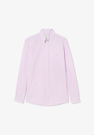 Camicia a maniche lunghe di colore lilla chiaro con righe bianche, colletto button-down e logo ricamato sul petto. Tessuto in cotone liscio.