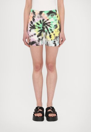 Tie-dye shorts with a multicolor pattern featuring pink, green, yellow, black, and white. Made of soft, stretchy fabric, designed for comfort.