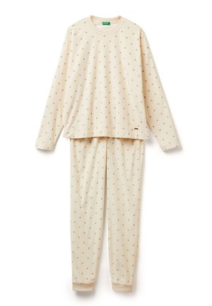 Conjunto de pijama beige con mangas largas y pantalones. Presenta una tela suave, un patrón de lunares en colores apagados y puños y cuello de canalé.