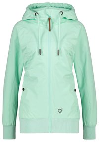 Mintgroene lichtgewicht jas met een capuchon, rits aan de voorkant, elastische manchetten en twee zijzakken. Voorzien van trekkoordverstellers en een klein hartlogo.