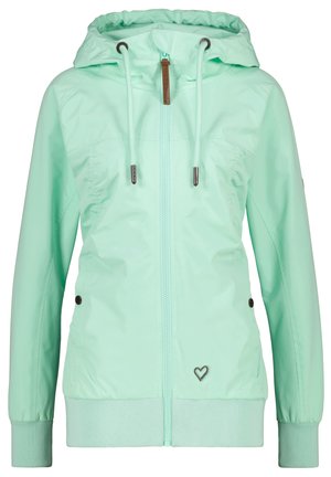 Mintgrüner, leichter Jacke mit Kapuze, Reißverschluss vorne, elastischen Bündchen und zwei Seitentaschen. Verfügt über Kordelzugversteller und ein kleines Herz-Logo.