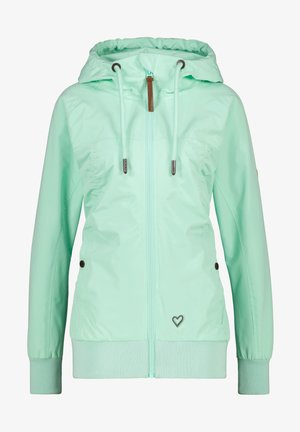 Mintgroene lichtgewicht jas met een capuchon, rits aan de voorkant, elastische manchetten en twee zijzakken. Voorzien van trekkoordverstellers en een klein hartlogo.