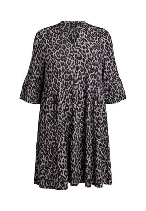 Leopard print dress with a V-neck, short bell sleeves, and a tiered design. Made from a soft fabric in black and beige tones.