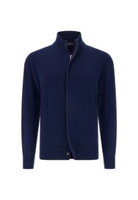 Marineblauer Strickcardigan mit hohem Kragen, langen Ärmeln und einem Reißverschluss vorne. Verfügt über gerippte Bündchen und einen Knopf am Saum.