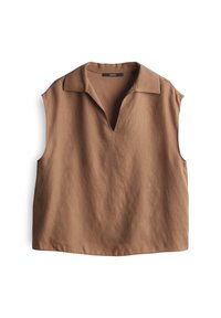 Hnědý bezrukávový top s výstřihem do V, vyrobený z hladkého materiálu, s volným střihem a límečkovým designem.