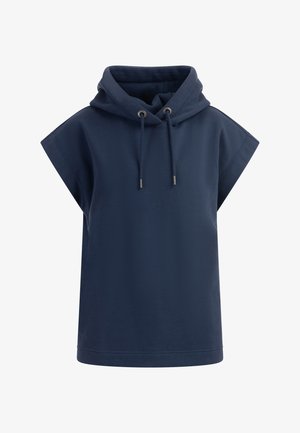 Granatowa bluza z krótkim rękawem o luźnym kroju, z detalem sznurka przy szyi i fakturowanym materiałem. Prosty, minimalistyczny design.