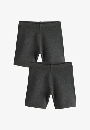 To par ensfarvede mørkegrå knælange shorts med elastiske linninger, fladt vist på en hvid baggrund.
