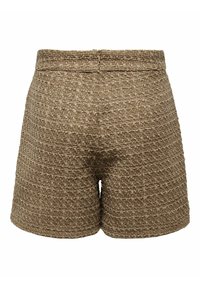Shorts en toile tissée marron avec un tissu texturé, taille haute et fermeture éclair au dos, offrant durabilité et style.