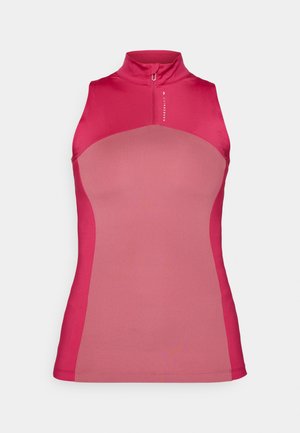 Pink sleeveless athletic top with a high neck. Features color-block design with a lighter pink front panel and a zip closure. Smooth fabric texture.