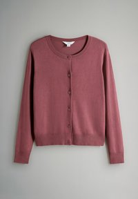 Pogas aiztaisāma garroku kardigāns maigi mauvas krāsā ar apaļu kakla izgriezumu, ribotām aprocēm un apakšmalu uz gaiši pelēka vienkārša fona.