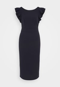 Laivastonsininen mekko, jossa on lyhyet, röyhelöiset hihat, avara kaula-aukko, istuva vyötärö ja polveen ulottuva helma, valmistettu sileästä ja joustavasta kankaasta.