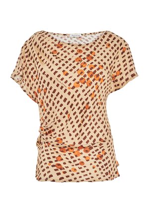 Beige top with a loose fit, featuring a grid pattern in dark brown with orange accents. Soft fabric with draped sleeves and a twisted side detail.