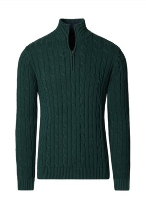 Ciemnozielony sweter na drutach z suwakiem do ćwiartki, z wzorem warkocza, ściągaczami na mankietach i u dołu dla dodatkowej faktury.