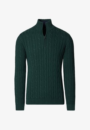 Ciemnozielony sweter na drutach z suwakiem do ćwiartki, z wzorem warkocza, ściągaczami na mankietach i u dołu dla dodatkowej faktury.