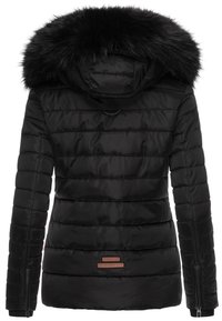 Black padded winter jacket with a detachable faux fur hood, horizontal quilted texture, and branded leather accent at the waist.