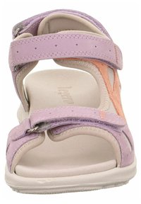 Lila Leder-Sandalen mit verstellbaren Riemen, Gummisohle und einer weichen gepolsterten Innensohle. Merkmale sind ein ausgeschnittenes Design und Akzentnähte.