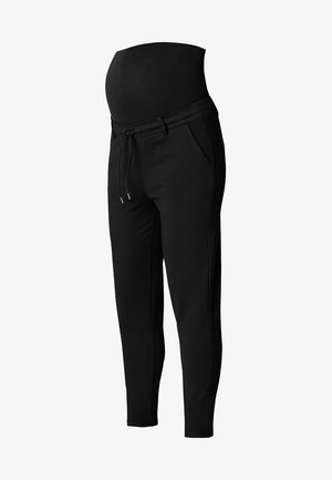 Zwarte zwangerschapsjoggingbroek met een hoge, elastische tailleband, voorzakken, een trekkoord en een tapered leg ontwerp. Gladde stoftextuur.