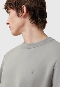 Sudadera de color gris claro hecha de algodón con cuello redondo. Presenta un pequeño diseño bordado en el pecho. Textura suave y diseño ajustado.