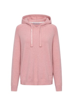 Roze capuchontrui met een trekkoord, ribgebreide manchetten en zoom. Bevat een bedrukte label aan de voorkant en een subtiele logo aan de onderkant.