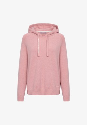 Roze capuchontrui met een trekkoord, ribgebreide manchetten en zoom. Bevat een bedrukte label aan de voorkant en een subtiele logo aan de onderkant.