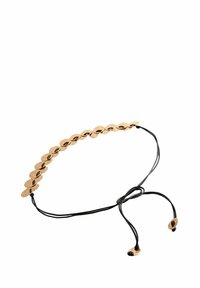 Schwarzes Stirnband aus Cord mit goldfarbenen ovalen Perlen mit strukturierten Oberflächen. Jede Perle hat einen dunklen Akzent und ist verstellbar für eine optimale Passform.
