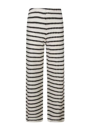 Pantalon en maille blanche avec un motif de rayures en zigzag noir horizontal et une coupe droite.