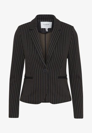 Female blazer in black with gold vertical stripes, featuring a notched lapel, single button closure, and two front pockets.