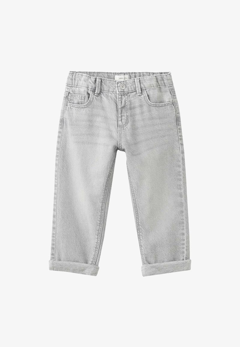 Pantalons en denim gris clair avec une coupe décontractée, dotés de poignets retroussés, d'une fermeture à bouton et à glissière, ainsi que de poches avant et arrière.