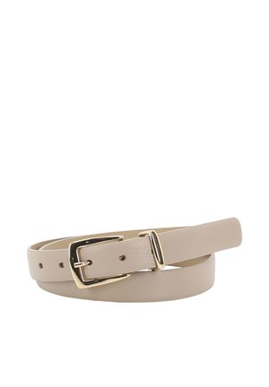 Beige leather belt coiled with gold rectangular buckle and multiple adjustment holes on a white background.