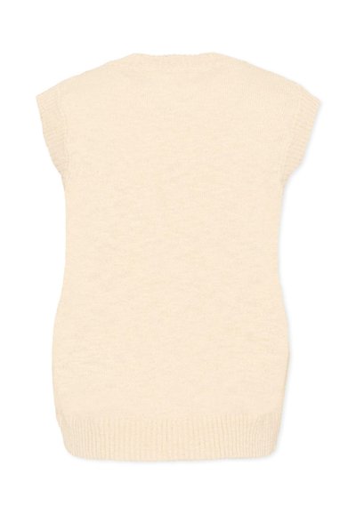 Pull sans manches en tricot couleur crème avec ourlet et épaules côtelés, présenté à plat montrant le dos.