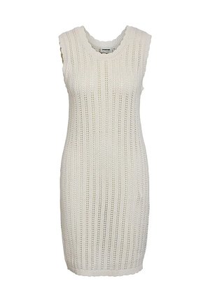 Strickkleid in Weiß mit vertikalem Lochmuster, ärmellosem Design, rundem Ausschnitt und gerippten Abschlüssen an den Armausschnitten und am Saum.