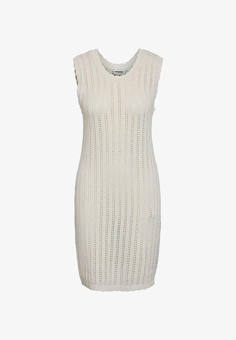 Knit dress in white with vertical openwork pattern, sleeveless design, round neckline, and ribbed hems at the armholes and bottom.