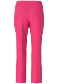 Pantalons fuchsia en tissu lisse, avec une coupe droite, un devant plat et des détails de pli pour un look soigné.