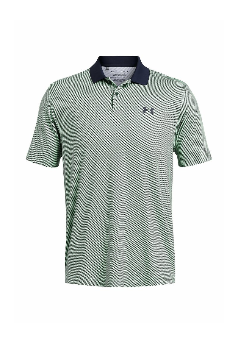 Polo à motifs verts et bleu marine avec col, manches courtes et petit logo sur la poitrine. Fabriqué en tissu léger.